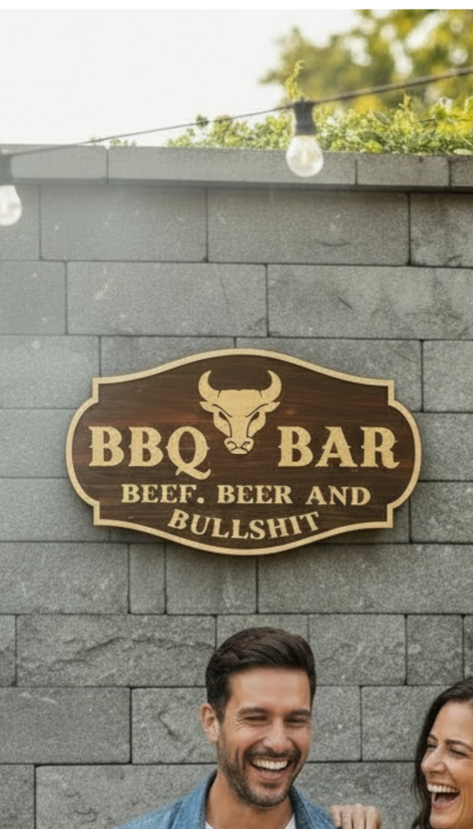 Rustic Wooden Man Cave Sign – “Beef, Beer & Bullshit”